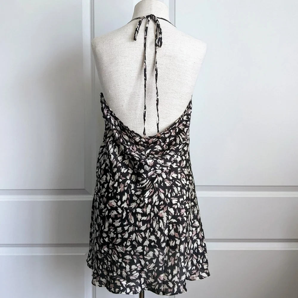 Free People Mini Dress Halter V-Neck Sleeveless Open Back Self Ties Black L NWT